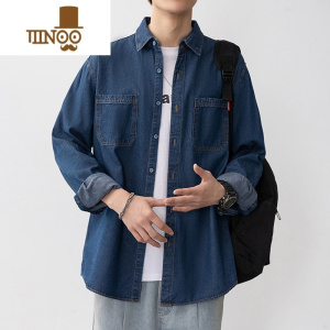 YANXU牛仔衬衫男新款免烫青年工装衬衣日系复古翻领长袖休闲外套