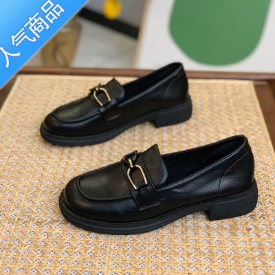 SUNTEK英伦风小皮鞋软底一脚蹬乐福鞋女2023春季新款百搭平底黑色单鞋秋