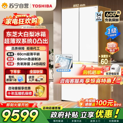 东芝大白梨638法式多门超薄零嵌入式自动制冰双系统600升超大容量一级能效节能无霜国家补贴家用电冰箱