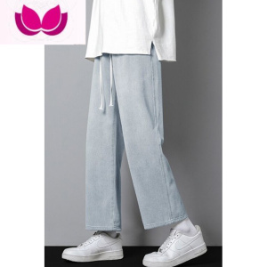 七斓春季新款松紧腰牛仔裤男宽松直筒九分阔腿裤休闲系绳长裤子夏薄款