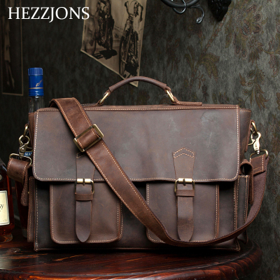 赫泽琼斯HEZZJONS进口疯马皮真皮英伦剑桥包时尚青年原创手工复古男神单肩斜挎包棕色