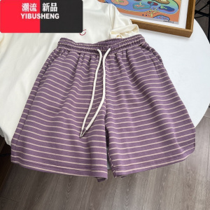 YIBUSHENG适合梨形身材小清新撞色条纹短裤女透气珠地棉运动裤休闲裤潮