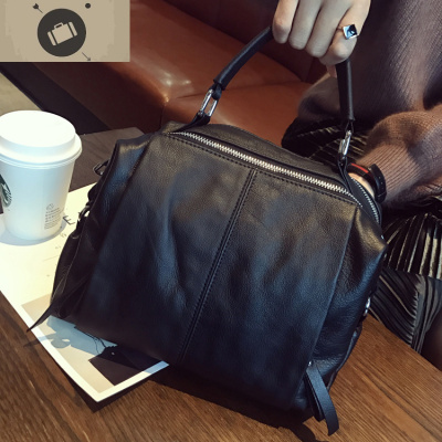 2020欧美时尚女士手提包潮品牛皮单肩包方形真皮拼接多口袋包包女艾狄伊娃手提包黑色