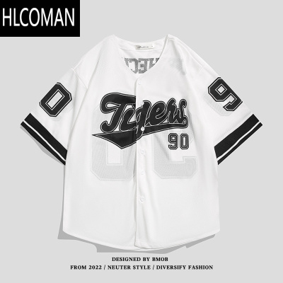 HLCOMANBMBO美式高街复古hiphop开衫短袖T恤男街头ins潮流棒球服衬衫上衣