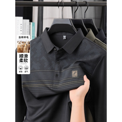 高级感长袖休闲T恤男轻商务翻领套头打底polo衫绵羊毛中年爸爸装