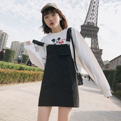叶莎倩2021春夏新款大码胖mm宽松黑色牛仔背带裙女学生背带连衣裙子