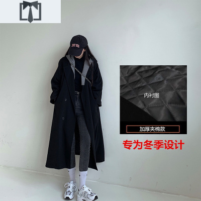 SUNTEK黑色风衣女中长款2020秋冬新款韩版气质休闲加厚宽松连帽过膝外套风衣