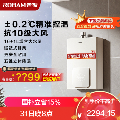 老板(ROBAM)燃气热水器 水气双调 智能恒温 防风防冻16L制水量 燃气壁挂炉 HD660A-16L