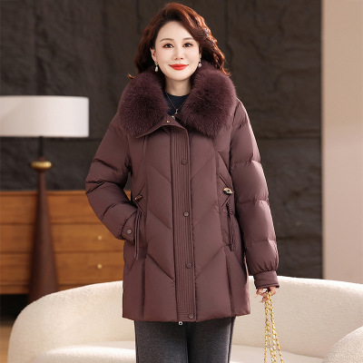 中老年冬季羽绒服女新妈妈冬装加厚保暖真毛领中长款外套