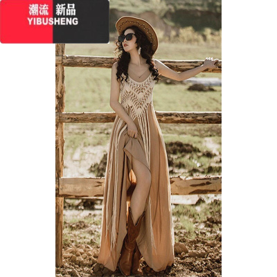 YIBUSHENG大码法式度假风波西米亚吊带连衣裙女季微胖mm巨显瘦叠穿长裙子
