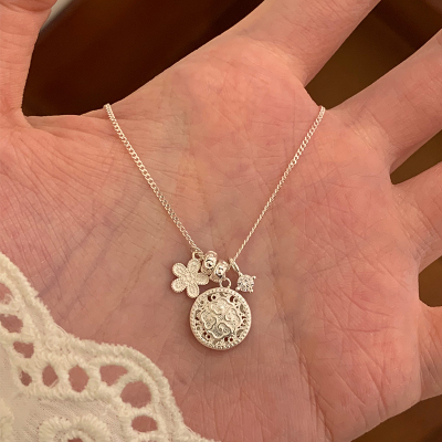 纯银花朵罗盘项链女款2025新款锁骨链女生轻奢高级感甜美银饰送女朋友老婆情人节七夕生日礼物