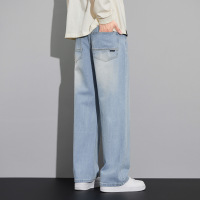 广州新塘的牛仔裤男高端浅蓝色宽松高街简约休闲青年直筒长裤男士