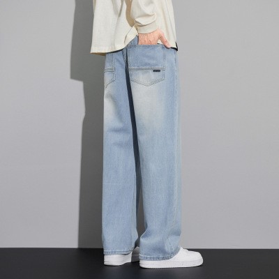 广州新塘的牛仔裤男高端浅蓝色宽松高街简约休闲青年直筒长裤男士