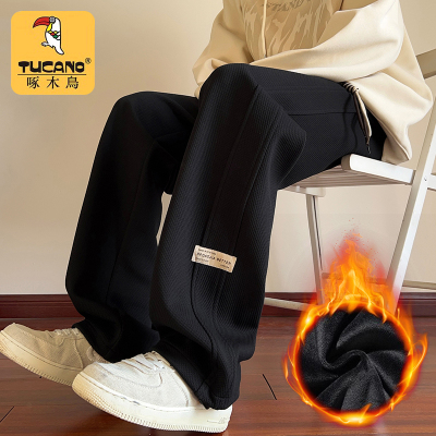 秋冬季新款卫裤男士运动宽松直筒加绒加厚阔腿休闲长裤子男
