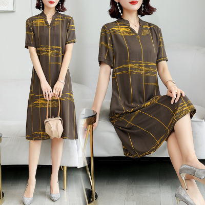 中老年女装棉绸连衣裙中长款40岁50胖妈妈夏装人造棉大码遮肚裙子