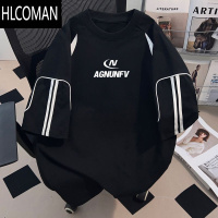 HLCOMAN美式黑色拼接字母印花短袖t恤夏季时尚百搭男女圆领半袖上衣