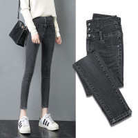 迪鲁奥（DILUAO)新款女装【品质保障】高腰涂层牛仔布裤女显瘦显高2019年秋季装新款春装修身常规裤黑色