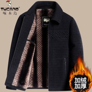 啄木鸟中老年人毛呢夹克男爸爸冬装外套加绒加厚冬季爷爷保暖棉衣