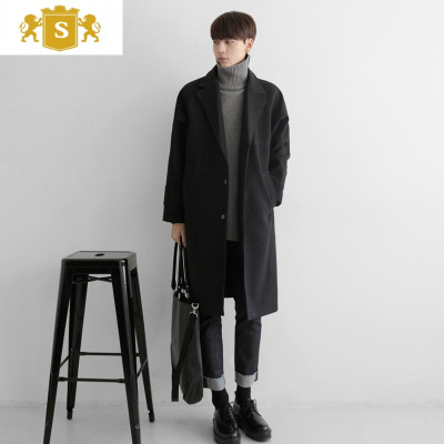 SUNTEK秋冬季帅气过膝中长款男士风衣韩版宽松落肩潮流毛呢子大衣男外套风衣