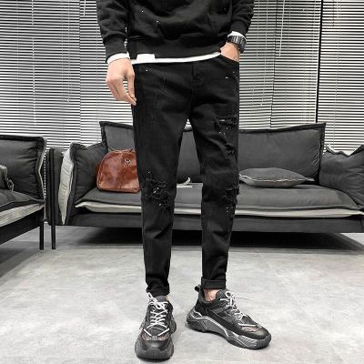 梵克公牛2021春季潮牌黑色弹力牛仔裤韩版常规破洞ins小脚长裤男黑色默认颜色28