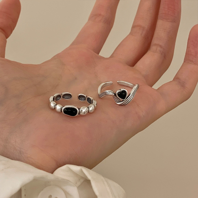 s925纯银复古黑玛瑙爱心戒指女高级感叠戴开口食指戒时尚指环送女朋友老婆情人节七夕生日礼物