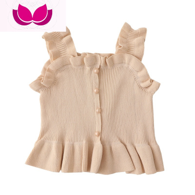 七斓甜美少女木耳边吊带小背心女春季新款高腰短款露脐荷叶边针织上衣