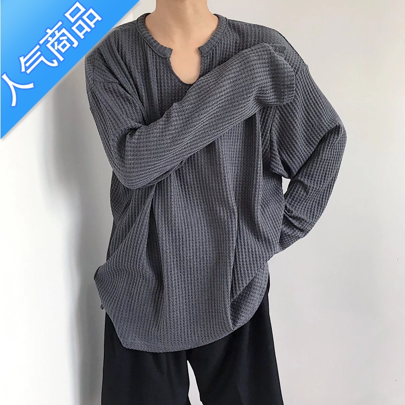 喻娄气质小V领肌理感长袖T恤男ins春季宽松华夫格打底衫小众潮牌上衣