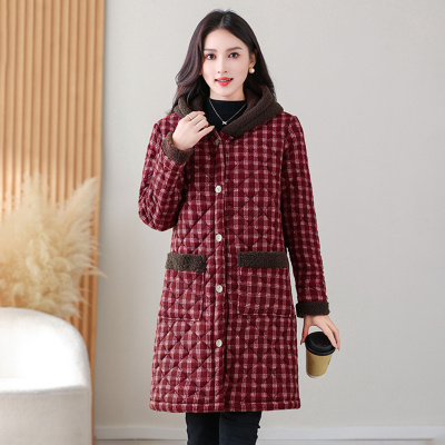 秋冬新款复古格子中长款连帽棉衣女加绒加厚大码保暖棉袄大衣_1