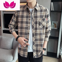 七斓外套衬衫男士夏季薄款格子宽松潮牌长袖衬衣休闲免烫上衣服男