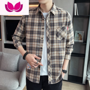 七斓外套衬衫男士夏季薄款格子宽松潮牌长袖衬衣休闲免烫上衣服男