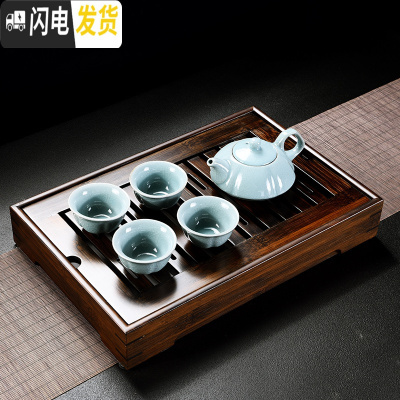 三维工匠九竹新款胡桃色竹制茶盘家用储水茶海茶台简约大小号功夫茶具套装 中盛水(胡桃色)+一壶四杯