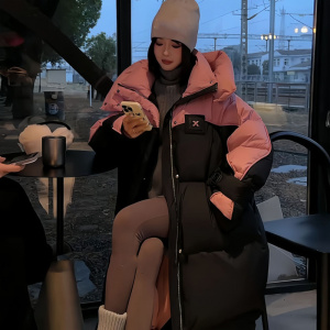 年新款冬季韩版棉衣外套中长款加厚保暖连帽棉服拼色宽松外套