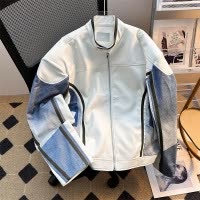 男装春秋季新款立领垫肩牛仔拼接撞色机车皮衣宽松痞帅夹克男外套