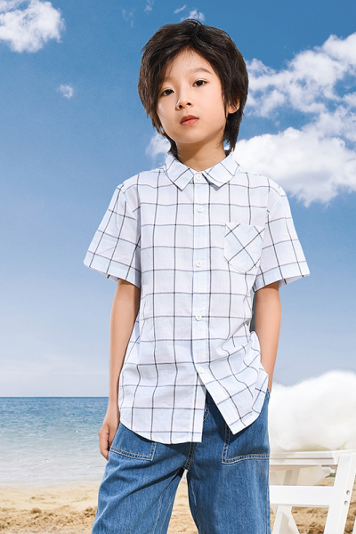 [1件3折]铅笔俱乐部童装2025夏装新款男童短袖衬衫儿童衬衣中大童格子上衣