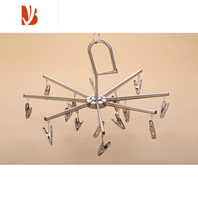 三维工匠新款不锈钢多夹子晾袜架八角折叠晾衣架多防风晒晾衣架袜子架