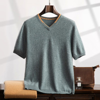 羊绒衫男士短袖T恤25秋冬v领内搭外穿休闲半袖撞色针织衫打底衫潮