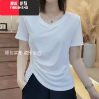 YIBUSHENG新款v领正肩短袖T恤女设计感不规则修身褶皱遮肚显瘦百搭上衣潮
