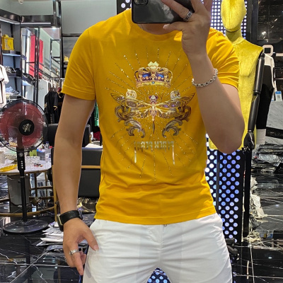 欧洲站夏季新款个性潮流修身蜻蜓烫钻印花玉蚕丝T恤男短袖潮_1