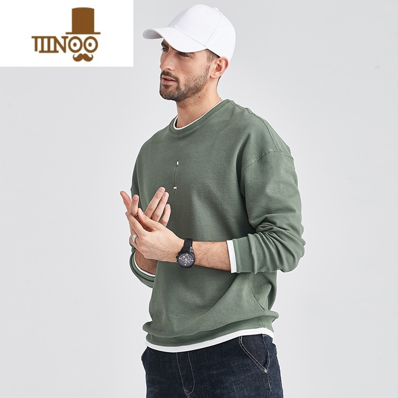 YANXU350g双面提花 2023秋季宽松刺绣假上衣套头圆领卫衣男