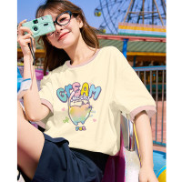 [2.5折价48元]唐狮夏季女前胸印花撞色圆领短袖T恤百搭减龄学院风时尚