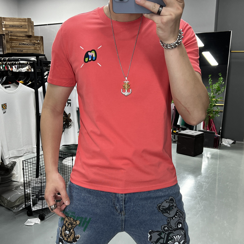 潮流短袖T恤男抖音同款刺绣圆领半袖丝光棉修身上衣夏季新款潮ins