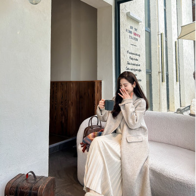 韩版手缝双面羊毛大衣女中长款连帽休闲气质宽松百搭春秋冬双面呢