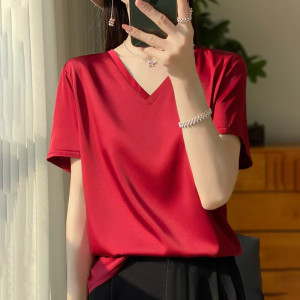 丝绸缎面2025春夏季新女短款宽松v字领纯色气质简约内搭短袖T恤上