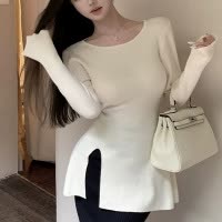 纯欲风辣妹长袖圆领针织衫女秋冬新款内搭设计感开叉打底衫上衣潮