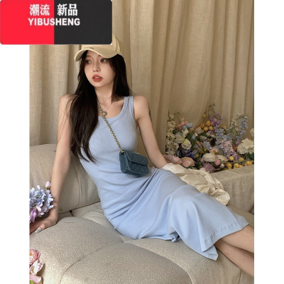 YIBUSHENG辣妹纯色大码胖mm无袖背心打底过膝裙女高腰通勤垂感包臀连衣裙