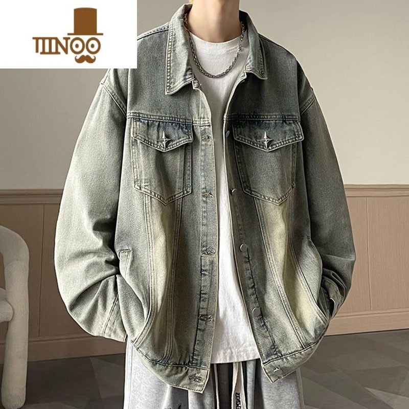 YANXU牛仔外套男潮牌美式高街夹克男翻领痞帅水洗复古褂衣服