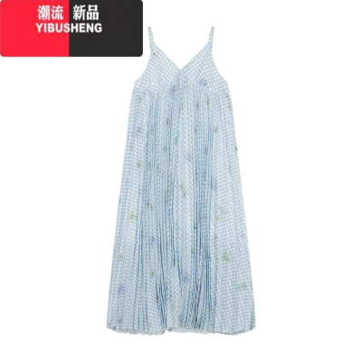 YIBUSHENG温柔风甜美蓝色格子连衣裙女装季海边度假吊带裙气质宽松长裙子