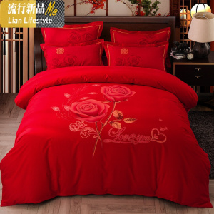 喜庆百子图结婚四件套棉棉新婚红色床单被套中式婚庆床上用品 三维工匠