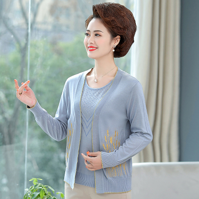 广赫中年妈妈春装套装洋气中老年女装春秋针织开衫外套薄款上衣两件套夹克