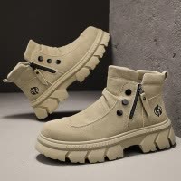 马丁靴男士高帮英伦皮面复古工装靴子秋冬季套脚拉链厚底增高男鞋